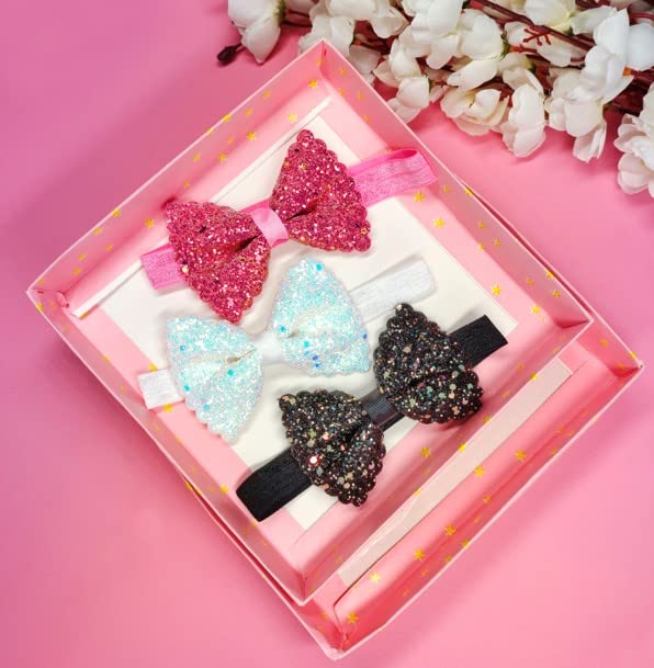 RedChimes 3 Pcs Fancy Stylish Glitter Bow Hair Band For Baby Girls Kids Hair Accessories