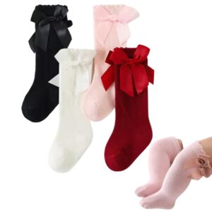 heartbury Cute and Colorful Pure Cotton Knee High Socks With Bow Princess Socks For Baby Girls (Pack of 4Pairs) (IN, Age, 18 Months, 24 Months, Black,White,Pink,Maroon)