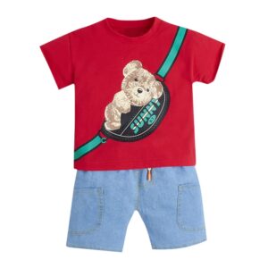 Hopscotch Baby Boys Cotton Graphic Print T-shirt And Shorts Set in Red Color For Ages 18-24 Months (WER-4065075)