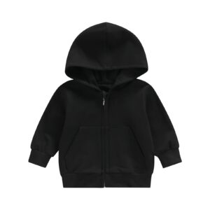 Gueuusu Toddler Baby Zip Up Hoodies Boy Girl Long Sleeve Hooded Sweatshirt Jacket Top with Pocket Kid Casual Outwear Clothes, Black, 12-18 Months