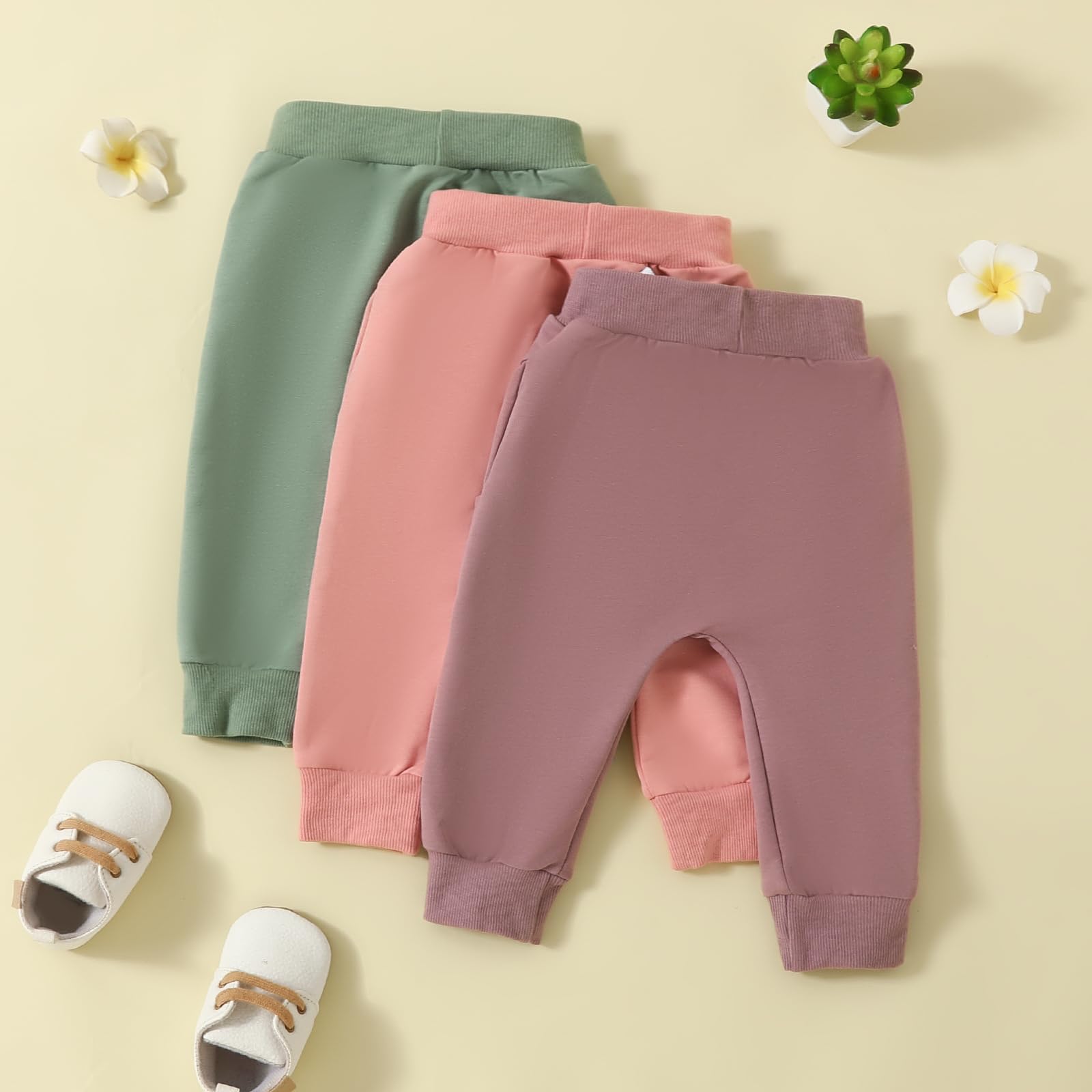 3 Pack Toddler Baby Girl Boys Spring Cotton Long Pants Solid Elastic Waist Jogger Pants Sweatpants Fall Winter Clothes, Green Pink Purple, 18-24 Months