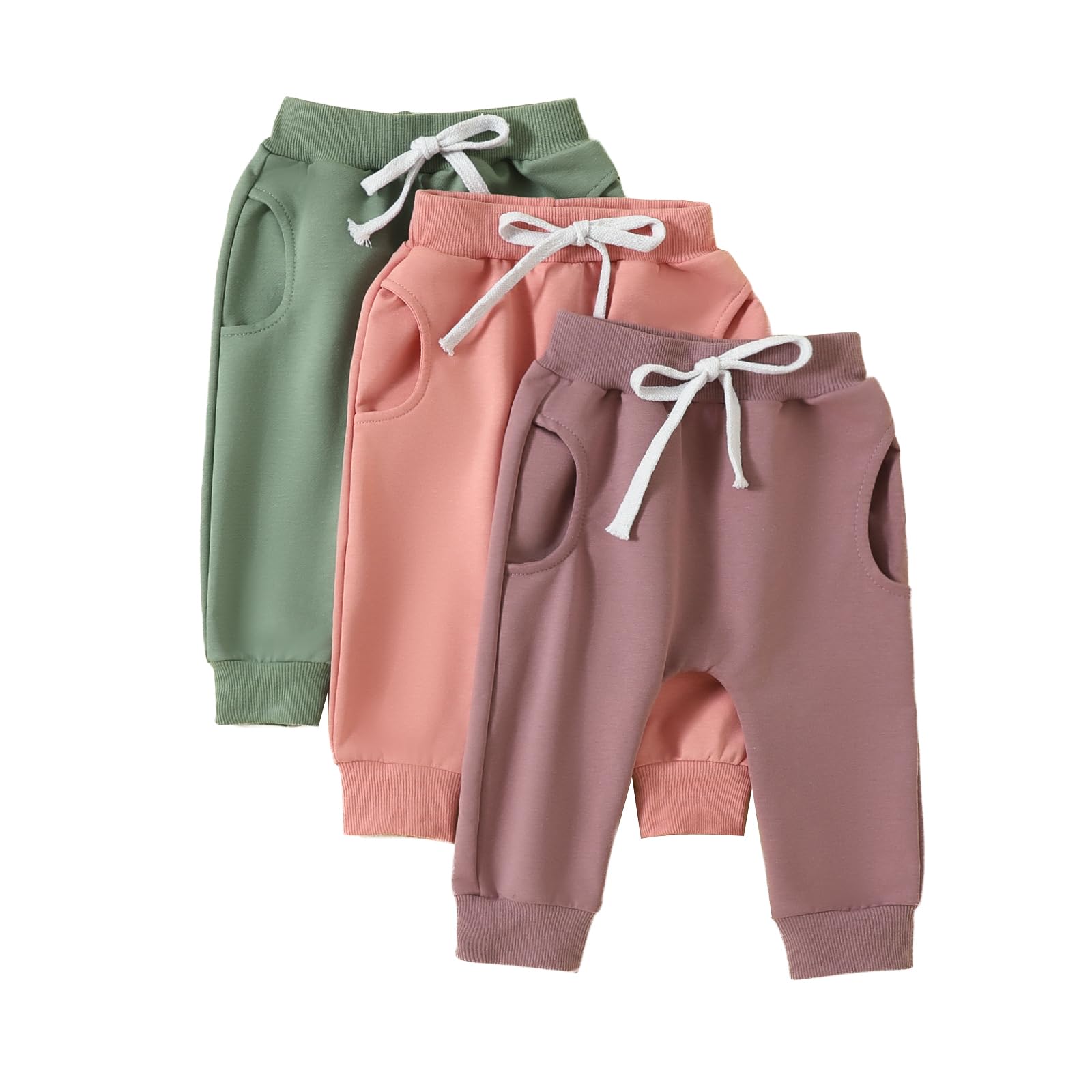 3 Pack Toddler Baby Girl Boys Spring Cotton Long Pants Solid Elastic Waist Jogger Pants Sweatpants Fall Winter Clothes, Green Pink Purple, 18-24 Months