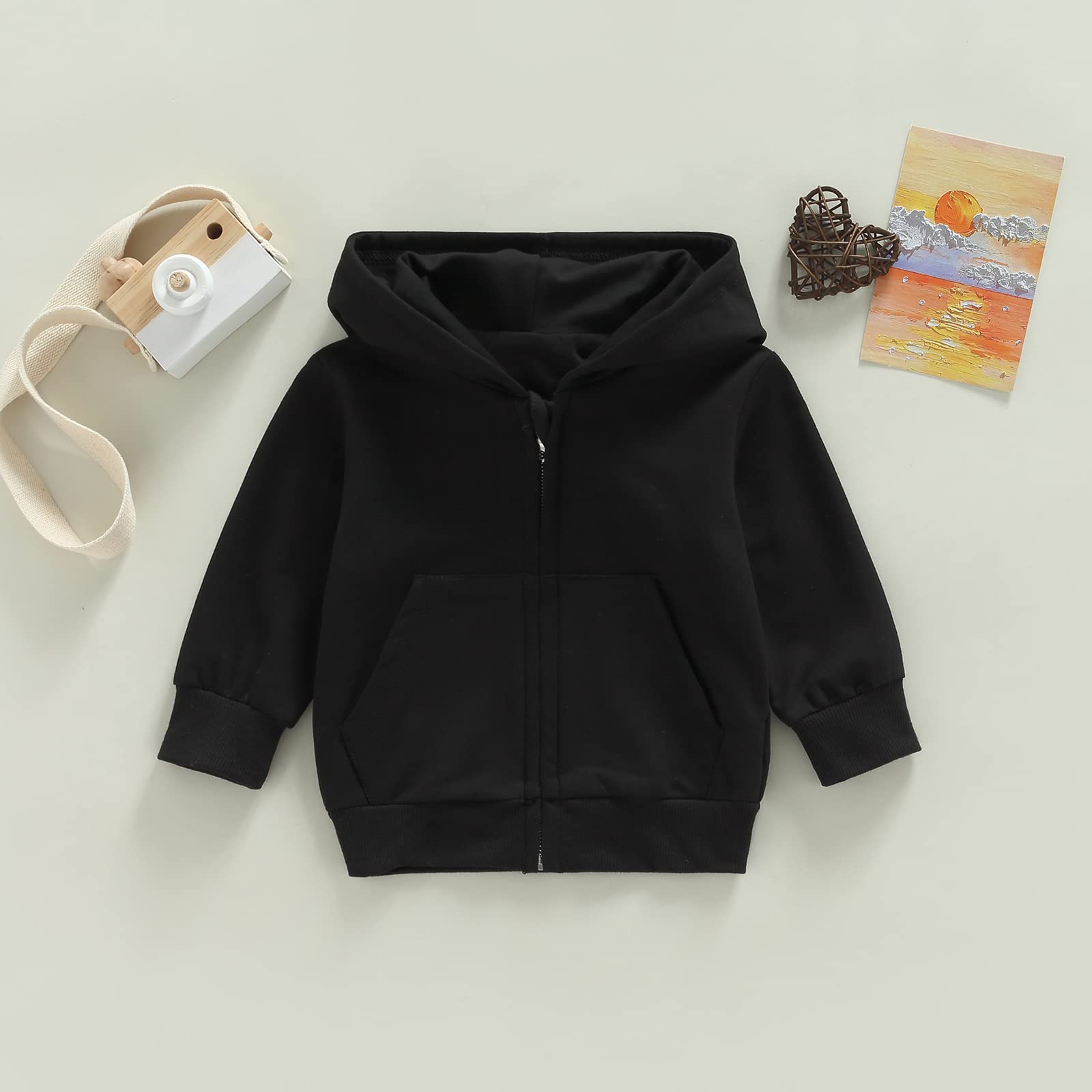 Gueuusu Toddler Baby Zip Up Hoodies Boy Girl Long Sleeve Hooded Sweatshirt Jacket Top with Pocket Kid Casual Outwear Clothes, Black, 12-18 Months