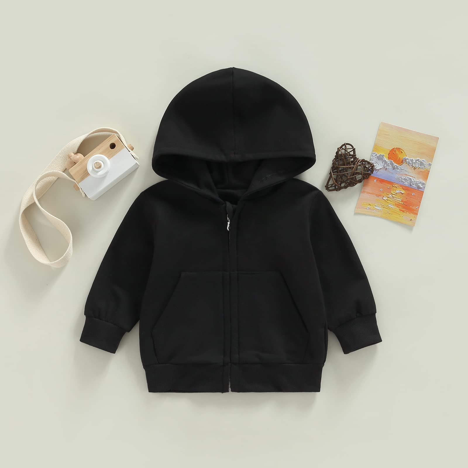 Gueuusu Toddler Baby Zip Up Hoodies Boy Girl Long Sleeve Hooded Sweatshirt Jacket Top with Pocket Kid Casual Outwear Clothes, Black, 12-18 Months