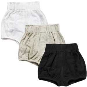 JELEUON 3 Pack of Little Baby Girls Boys Cotton Linen Blend Cute Bloomer Shorts, Mix#1, 12-18 Months