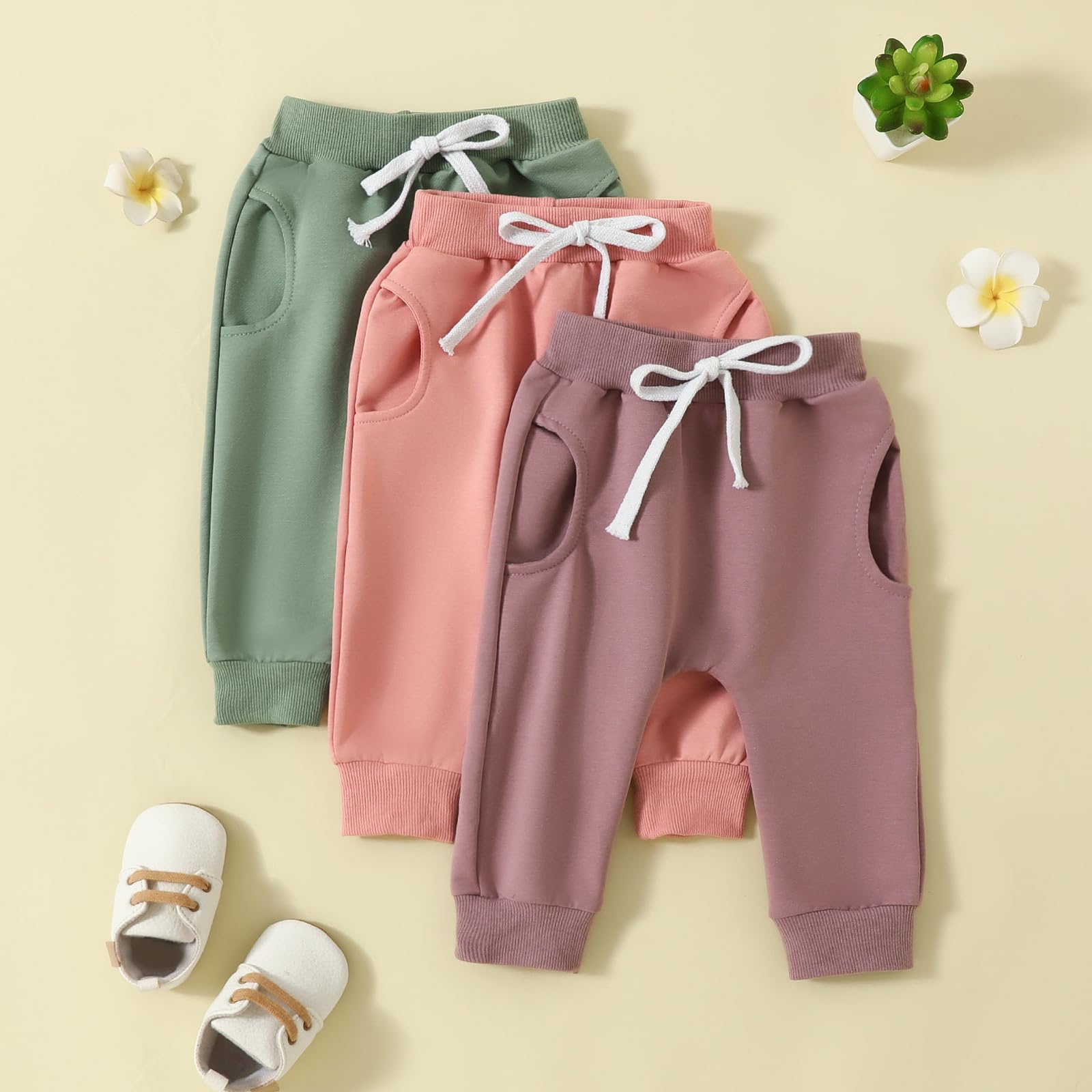 3 Pack Toddler Baby Girl Boys Spring Cotton Long Pants Solid Elastic Waist Jogger Pants Sweatpants Fall Winter Clothes, Green Pink Purple, 18-24 Months