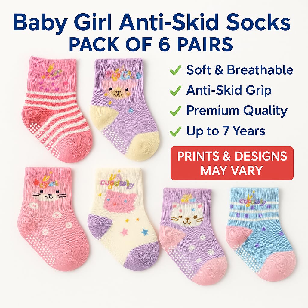 CUTEABLY Baby Organic Anti-Skid Cotton Socks, Pack of 6 Pairs (Assorted Print) (IN, Age, 12 Months, 18 Months, Girl)
