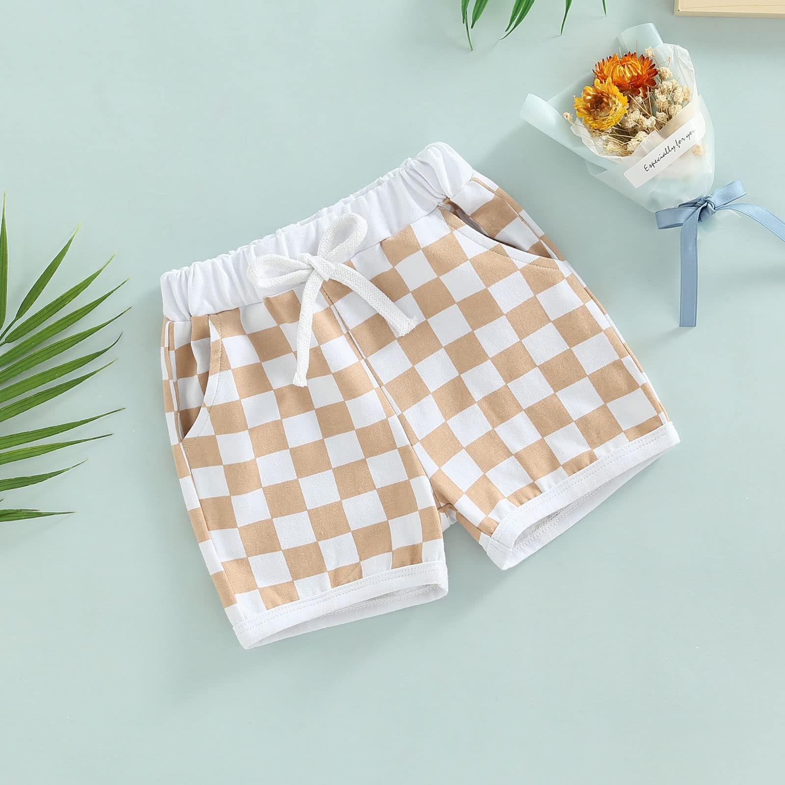 Baby Boys Shorts Checkerboard Print Drawstring Casual Pocket Decoration Clothing Summer Bottoms, Yellow, 12-18 Months