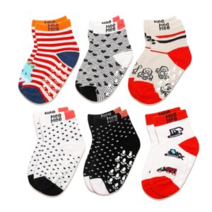 Mee Mee Anti-Skid Non-Slip Socks | Pack of 6 Assorted Prints | Soft Cotton Infant & Toddler Socks with Stretchable Cuffs, Breathable & Hypoallergenic Fabric | Fade-Resistant for Boys & Girls