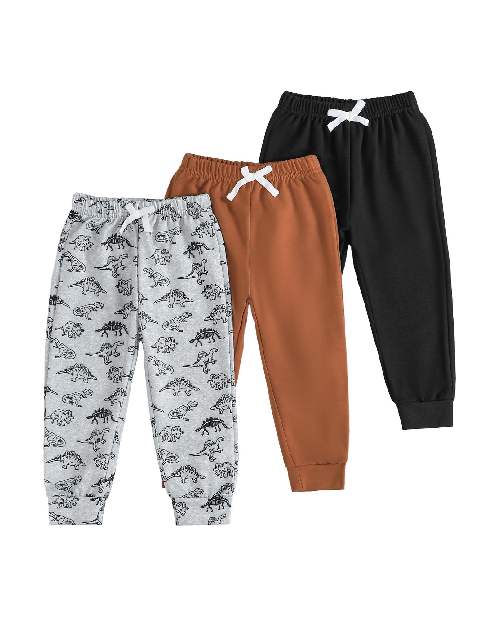 VEGGIEDOT Baby Boy Pants 3 6 9 12 24 Months Toddler Boy Sweatpants Newborn Baby Sweatpants 2T 3T 3 Pack Infant Boys Pants, Black Brown Dinosaur, 18-24 Months