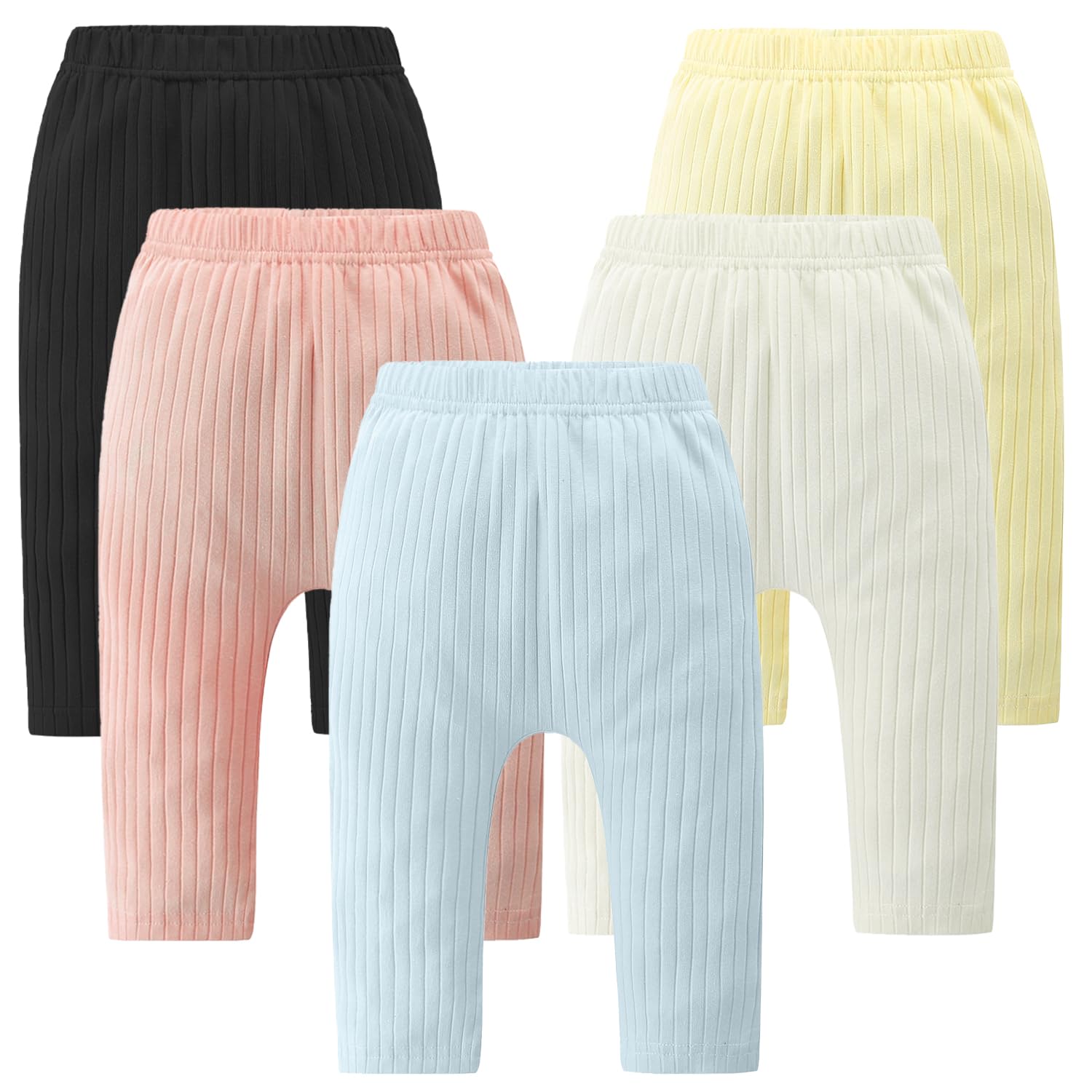 Fullfamous Baby and Toddler Girl's 5 Pack Cotton Ribbed Pull On Pants Leggings 0-4 Years, Black/White/Pink/Yellow/Blue, 12-18 Months
