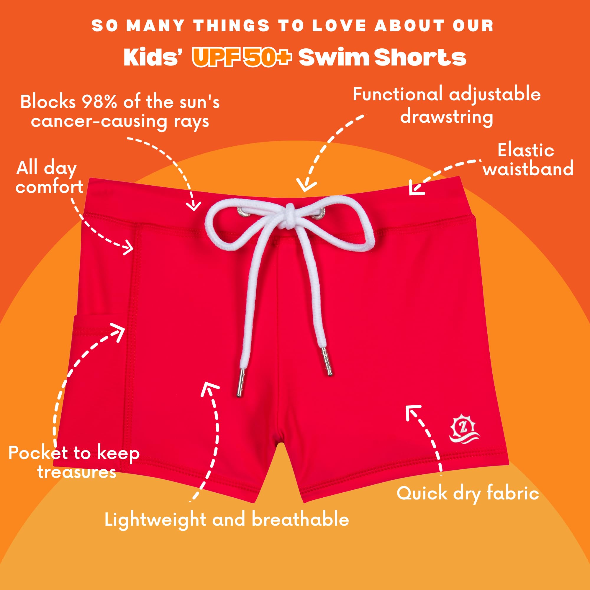 SwimZip Shorties - UPF 50+ Swim Shorts - Baby, Toddler, and Kids - Boys' or Girls, Red, 12-18 Months