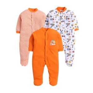 EIO Unisex 100% Cotton Rompers Sleepsuits Jumpsuits Night Suits for Newborn | Soft Infant Bodysuit | Pack of 3 Rompers, Orange, 12-18 Months