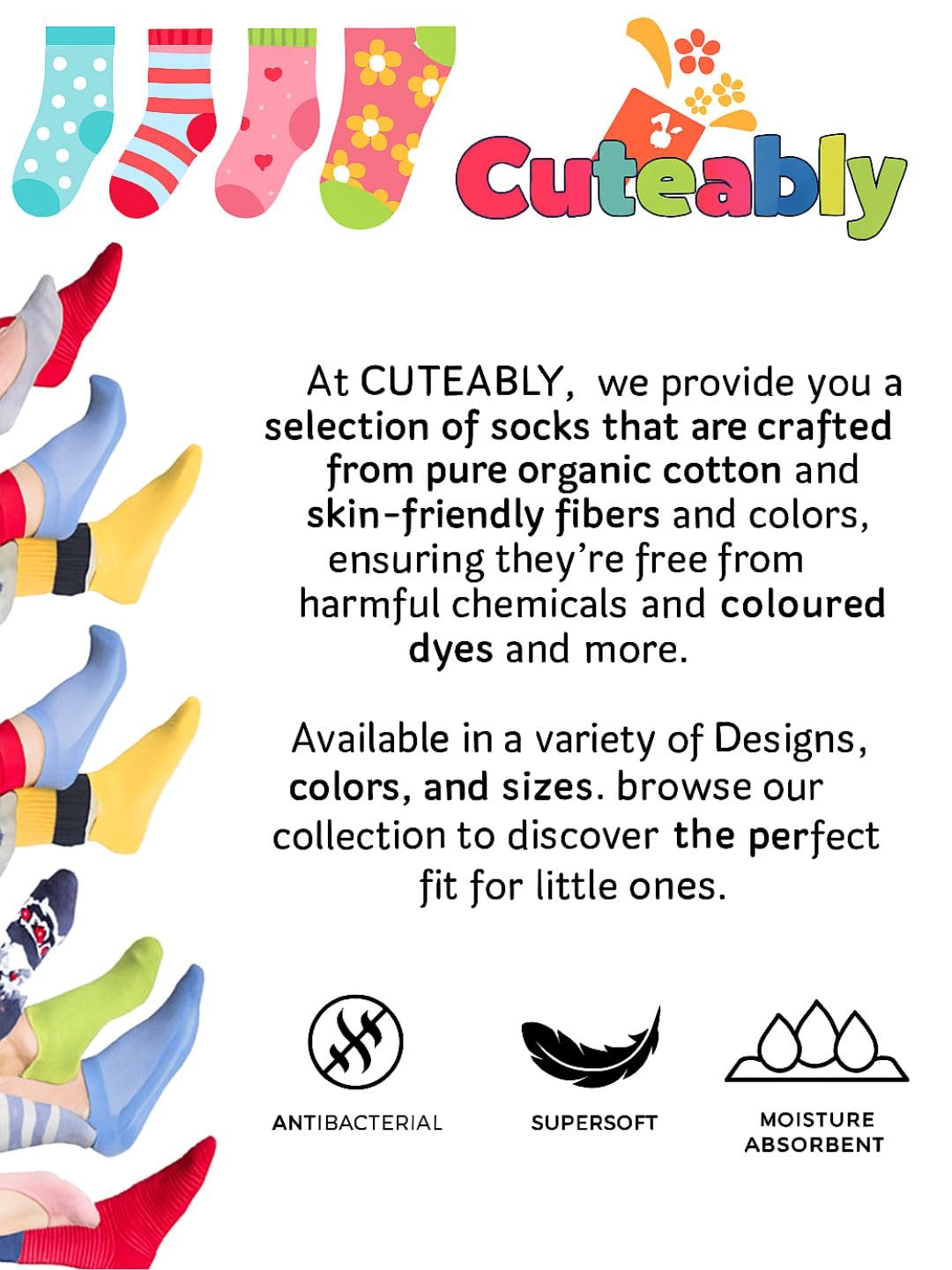 CUTEABLY Baby Organic Anti-Skid Cotton Socks, Pack of 6 Pairs (Assorted Print) (IN, Age, 12 Months, 18 Months, Girl)