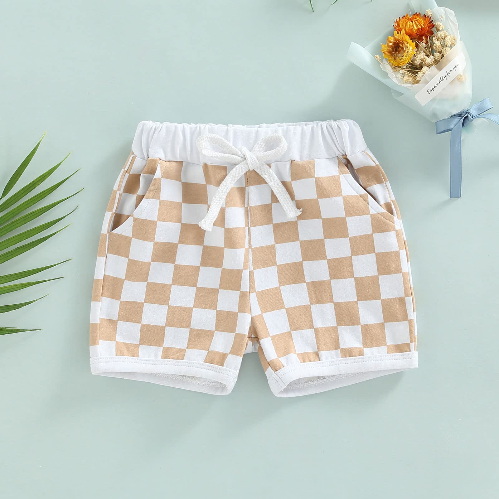 Baby Boys Shorts Checkerboard Print Drawstring Casual Pocket Decoration Clothing Summer Bottoms, Yellow, 12-18 Months
