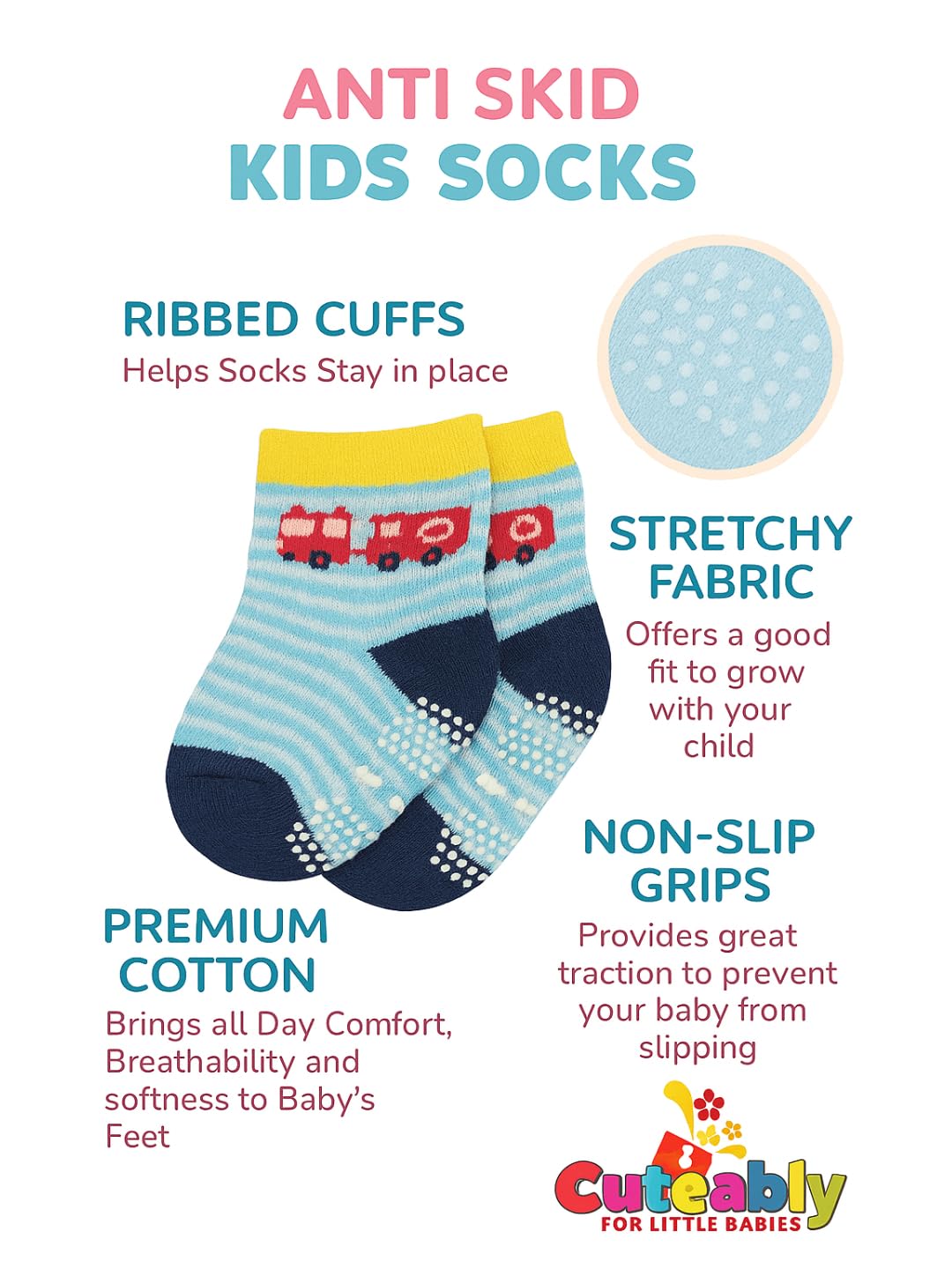 CUTEABLY Baby Organic Anti-Skid Cotton Socks, Pack of 6 Pairs (Assorted Print) (IN, Age, 12 Months, 18 Months, Girl)