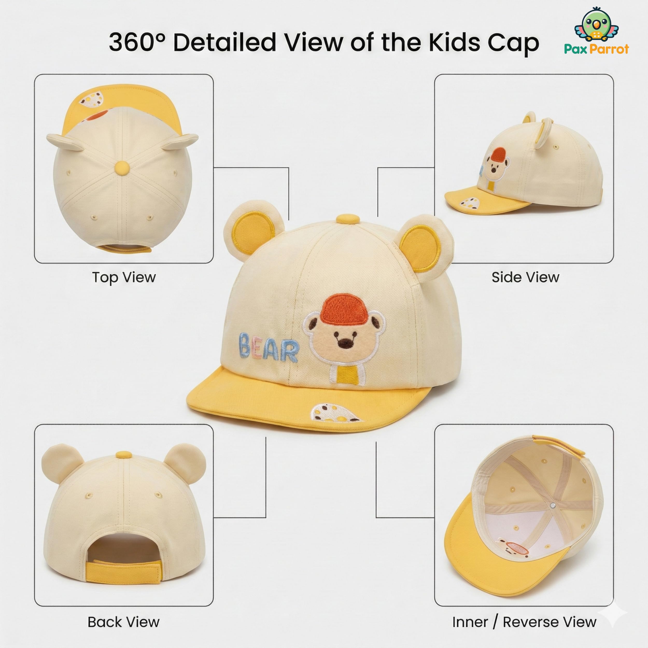 PAX PARROT Premium Design Adjustable Summer Cap for Kids | Lightweight & Breathable Baby Cap for Boys & Girls 2–5 Years | Soft Comfortable Sun Protection Hat (50–54 cm)