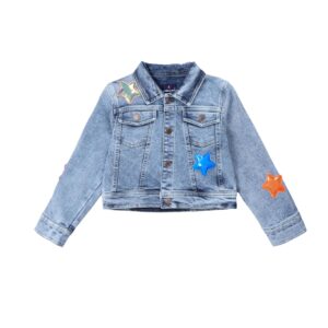 KiddoPanti Girls Full Sleeves Crop Denim Jacket With Stars Applique, Lt Rag Wash Blue With Stars - 1-2Y