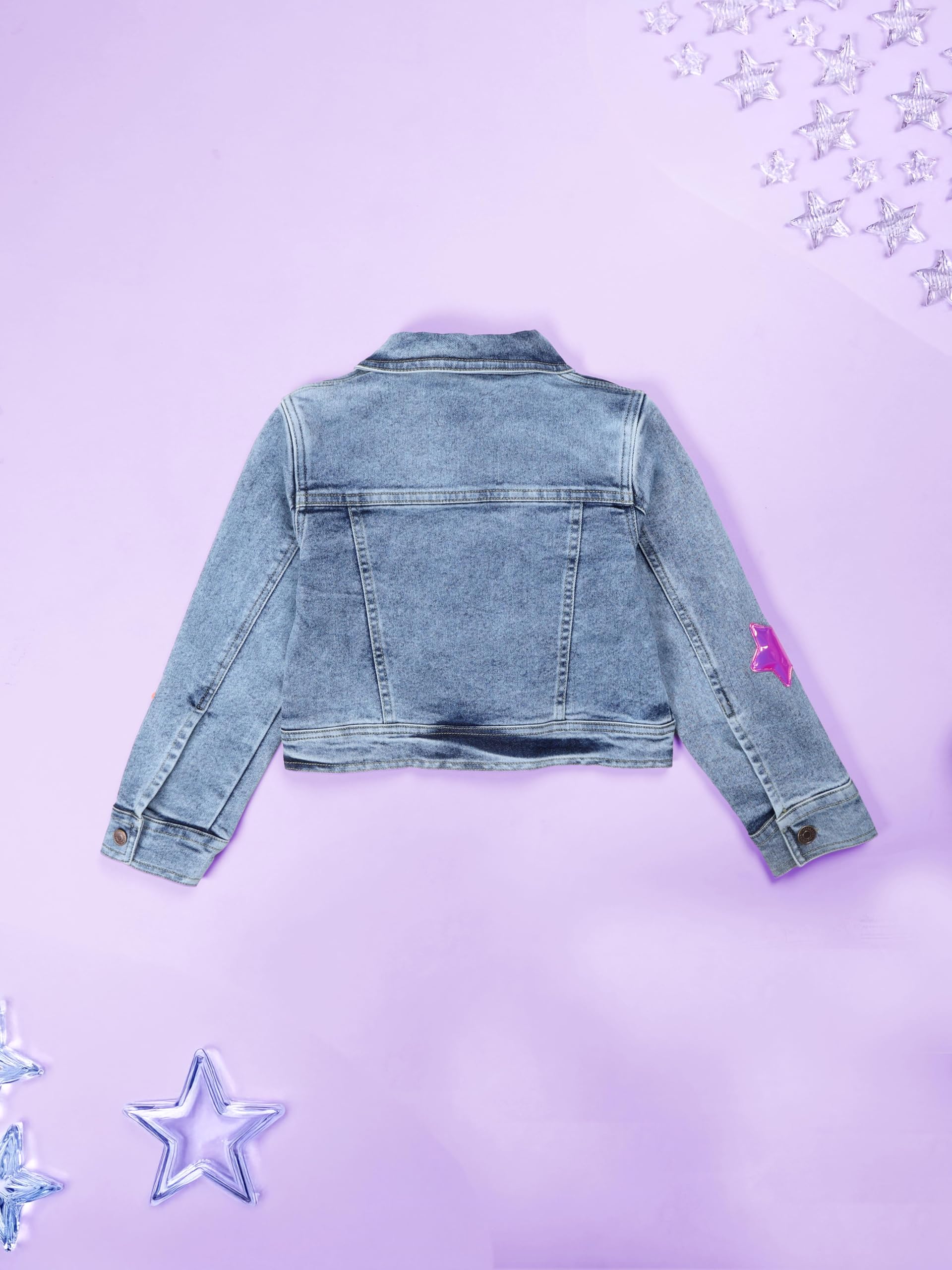 KiddoPanti Girls Full Sleeves Crop Denim Jacket With Stars Applique, Lt Rag Wash Blue With Stars - 1-2Y