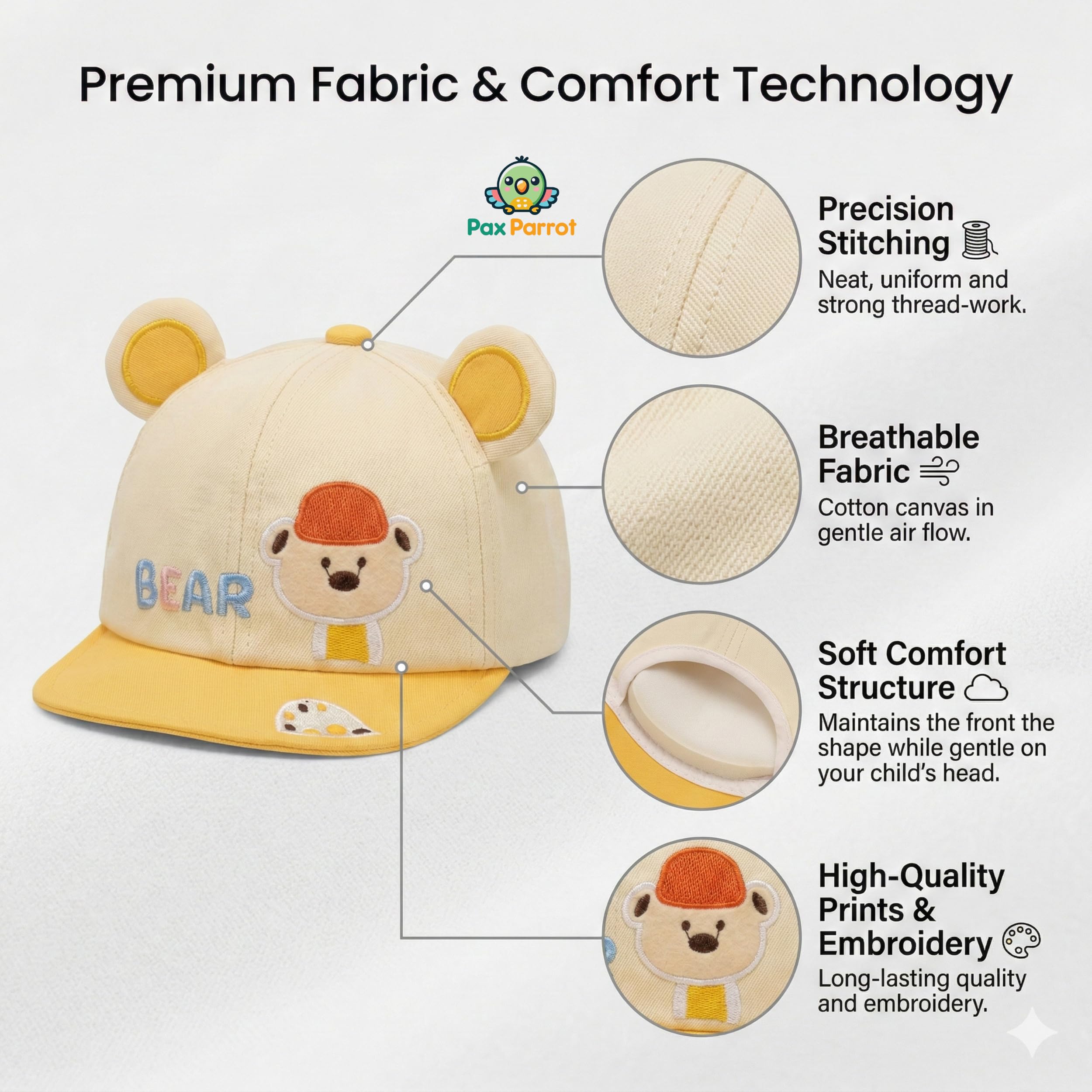 PAX PARROT Premium Design Adjustable Summer Cap for Kids | Lightweight & Breathable Baby Cap for Boys & Girls 2–5 Years | Soft Comfortable Sun Protection Hat (50–54 cm)