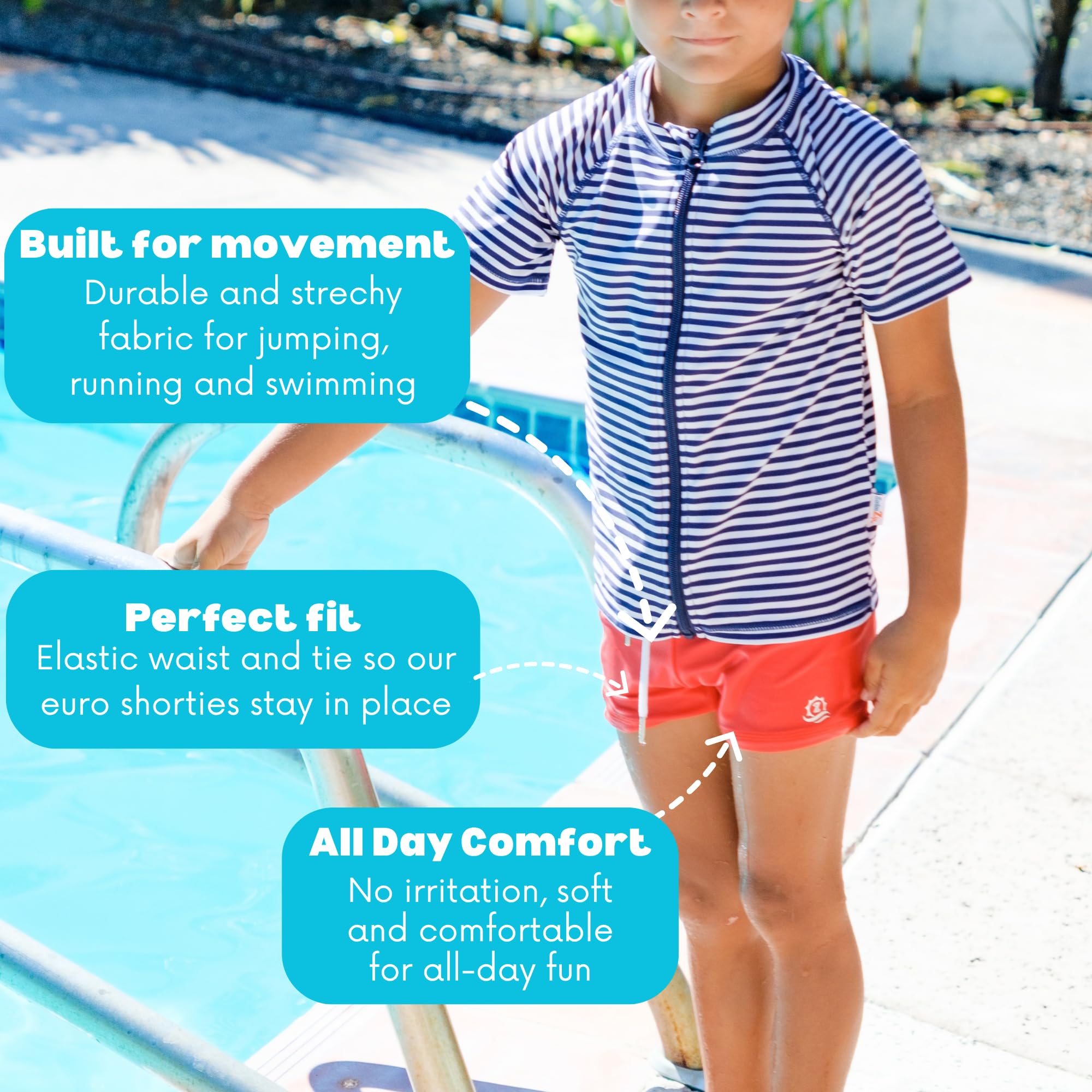 SwimZip Shorties - UPF 50+ Swim Shorts - Baby, Toddler, and Kids - Boys' or Girls, Red, 12-18 Months