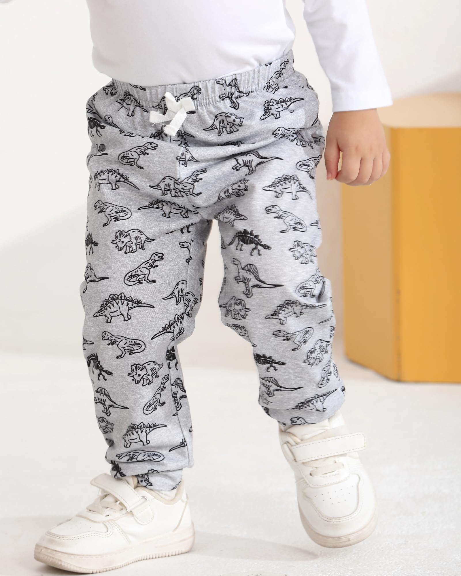 VEGGIEDOT Baby Boy Pants 3 6 9 12 24 Months Toddler Boy Sweatpants Newborn Baby Sweatpants 2T 3T 3 Pack Infant Boys Pants, Black Brown Dinosaur, 18-24 Months