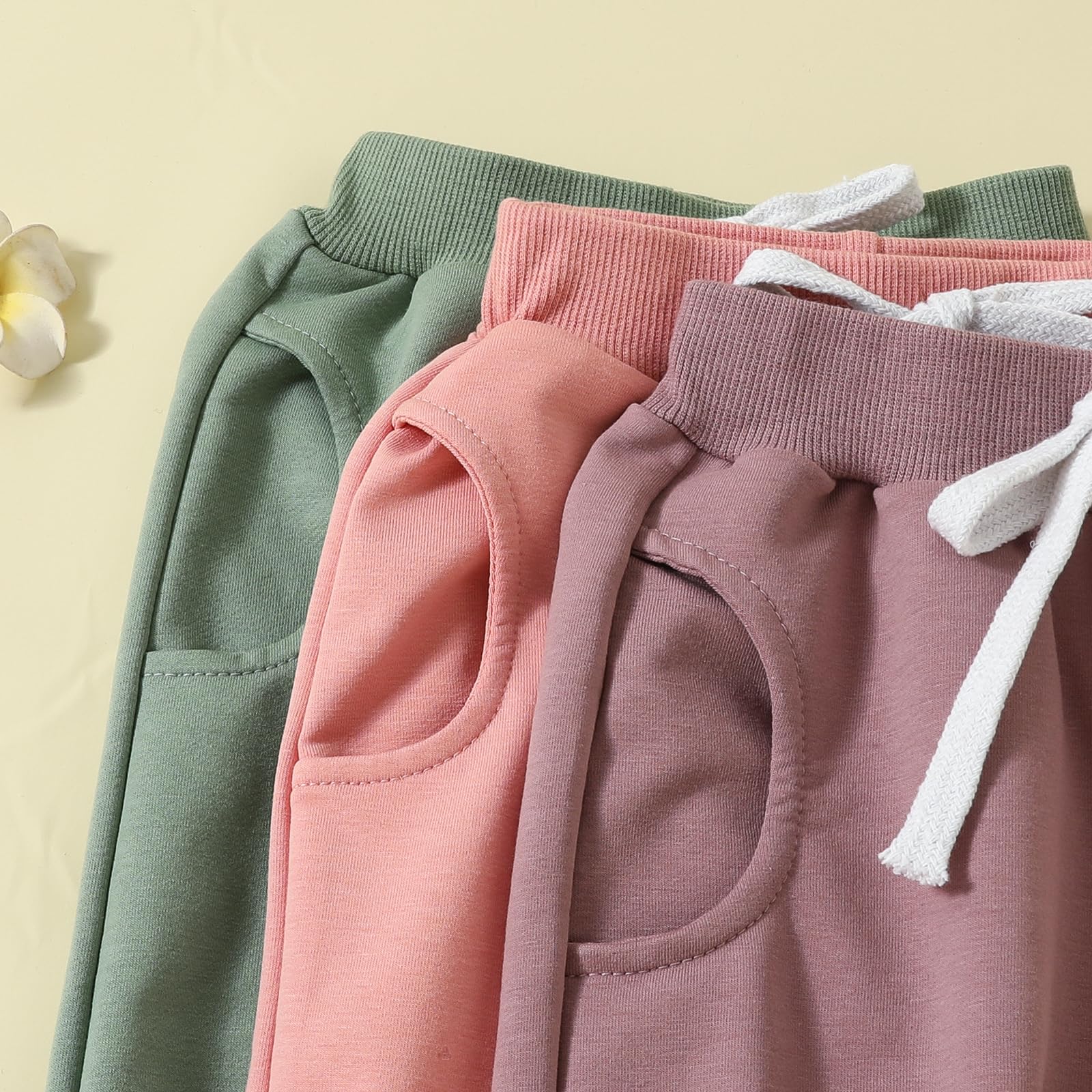 3 Pack Toddler Baby Girl Boys Spring Cotton Long Pants Solid Elastic Waist Jogger Pants Sweatpants Fall Winter Clothes, Green Pink Purple, 18-24 Months