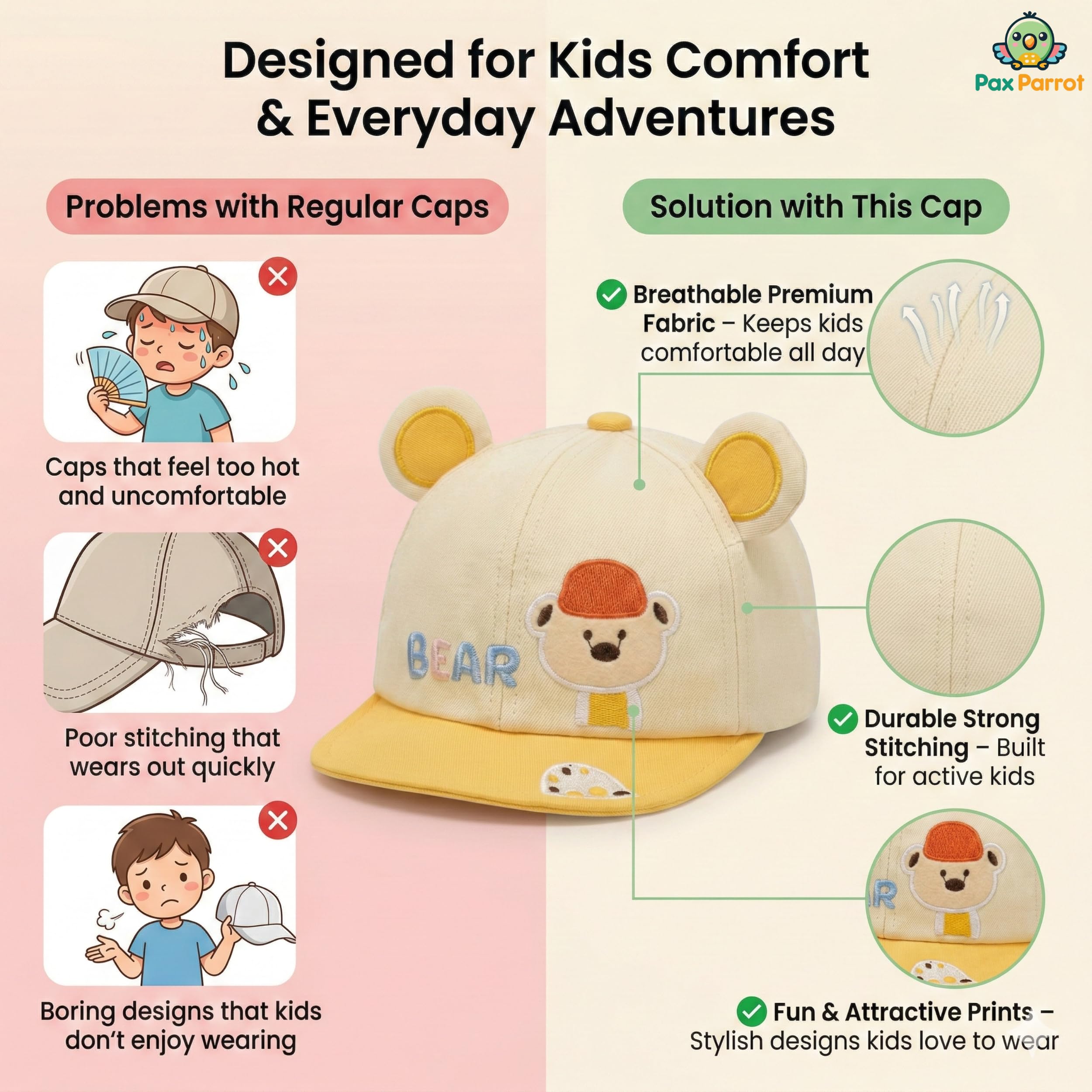 PAX PARROT Premium Design Adjustable Summer Cap for Kids | Lightweight & Breathable Baby Cap for Boys & Girls 2–5 Years | Soft Comfortable Sun Protection Hat (50–54 cm)