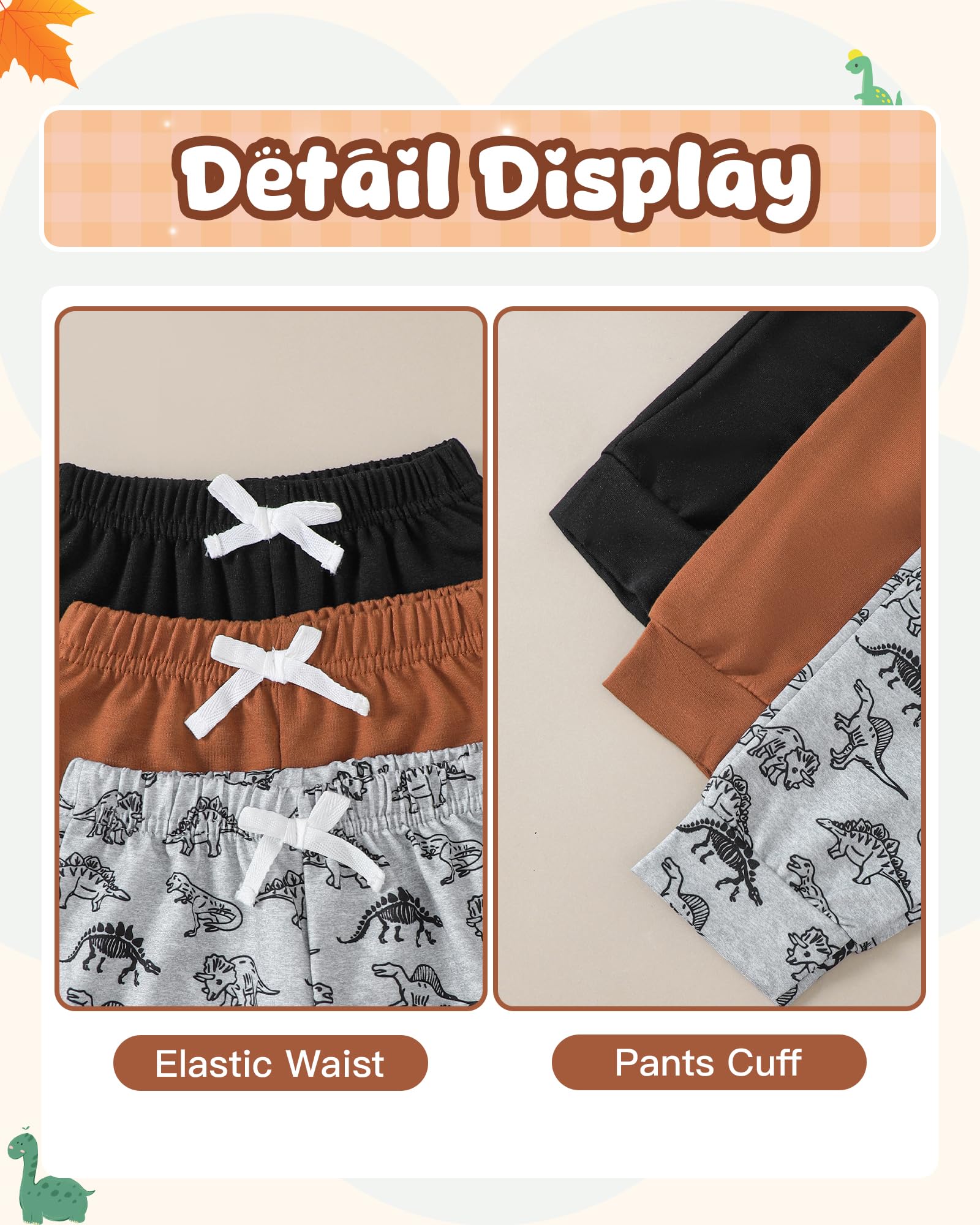 VEGGIEDOT Baby Boy Pants 3 6 9 12 24 Months Toddler Boy Sweatpants Newborn Baby Sweatpants 2T 3T 3 Pack Infant Boys Pants, Black Brown Dinosaur, 18-24 Months