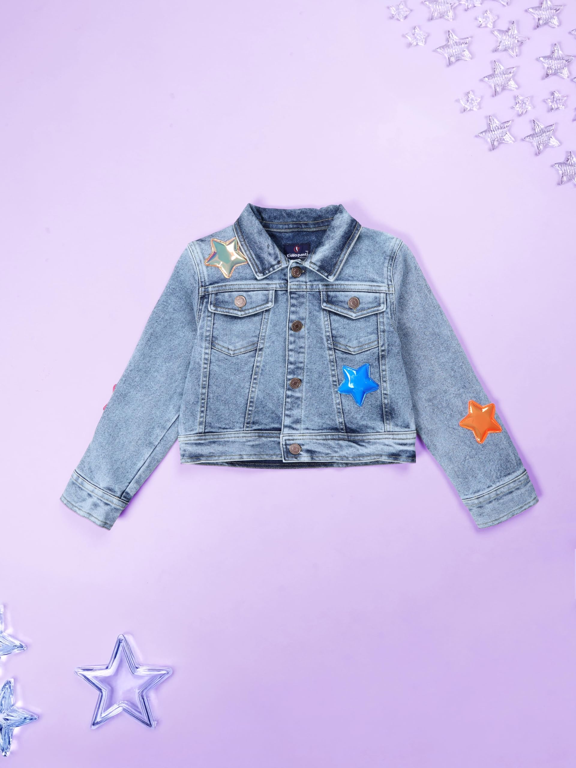 KiddoPanti Girls Full Sleeves Crop Denim Jacket With Stars Applique, Lt Rag Wash Blue With Stars - 1-2Y
