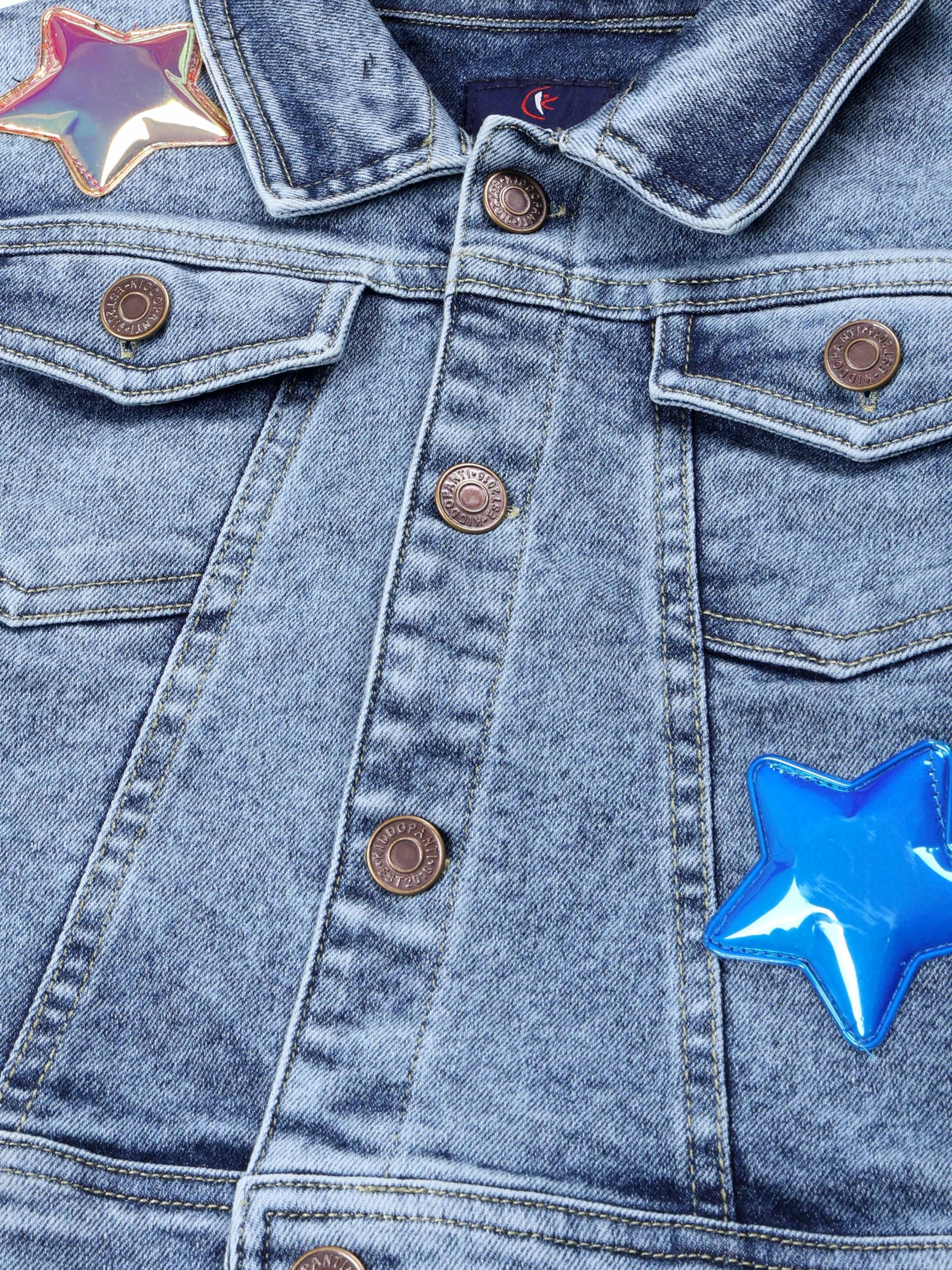 KiddoPanti Girls Full Sleeves Crop Denim Jacket With Stars Applique, Lt Rag Wash Blue With Stars - 1-2Y