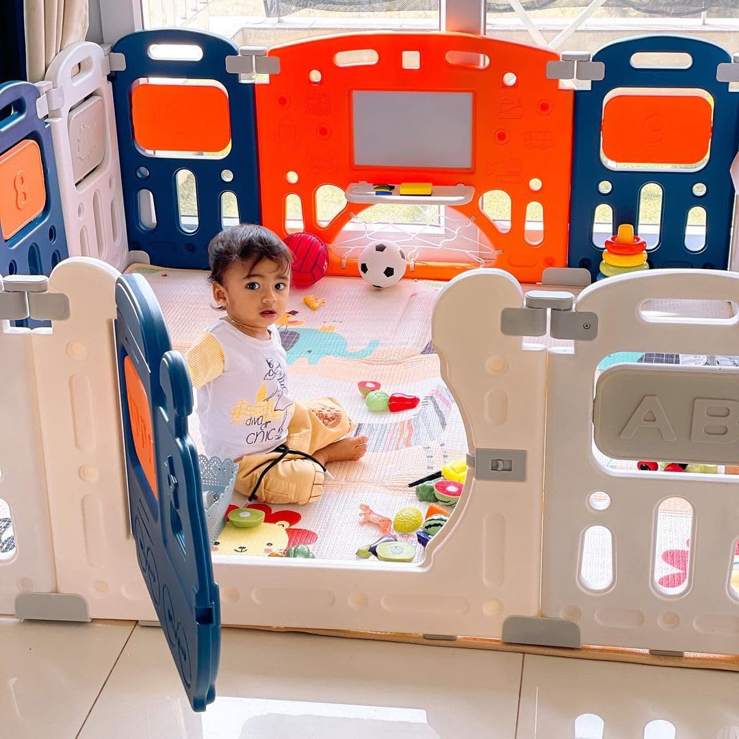 Dawnwake Assembly-Free 14 Panel Playard, Baby Playpen Fence with Crawling Mat and Football for Baby Upto 8 Years with Safety Locking Door & Drawing Board (150x150cm, Foldable) -Blue