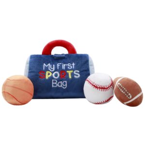 4 Piece Plush My First Sport Bag Gift Set with Sensory Toy Balls for Baby, Blue All Sports, 6 inch, Basketball, Baseball, Football