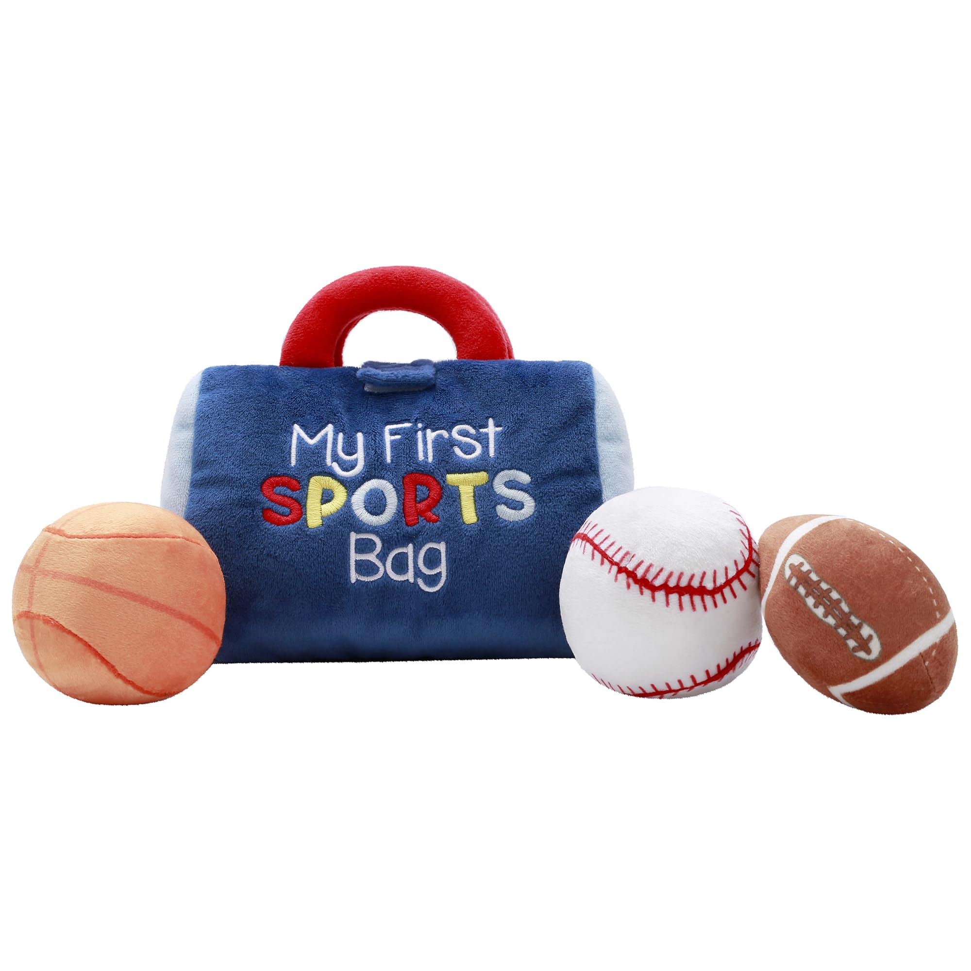 4 Piece Plush My First Sport Bag Gift Set with Sensory Toy Balls for Baby, Blue All Sports, 6 inch, Basketball, Baseball, Football