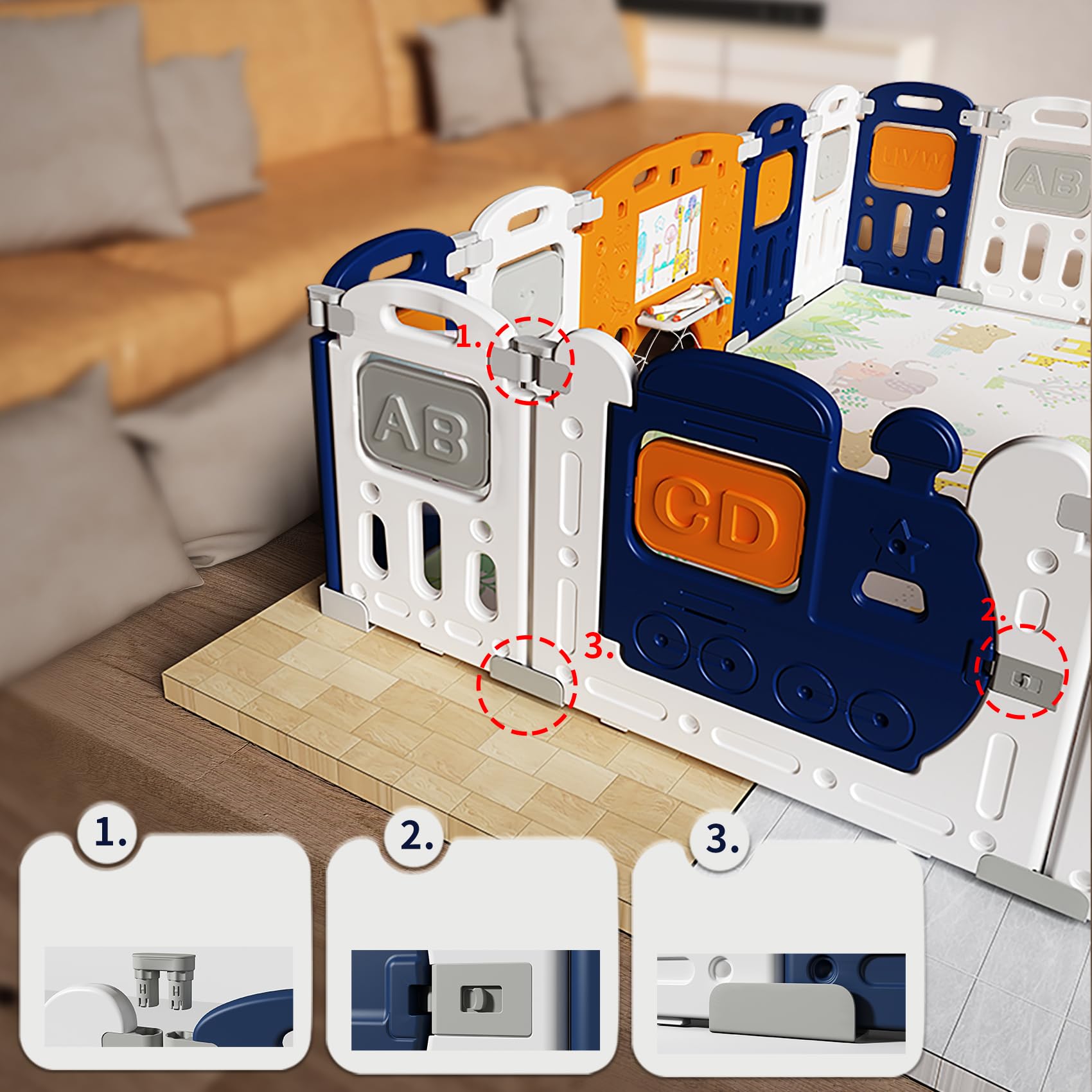 Dawnwake Assembly-Free 14 Panel Playard, Baby Playpen Fence with Crawling Mat and Football for Baby Upto 8 Years with Safety Locking Door & Drawing Board (150x150cm, Foldable) -Blue