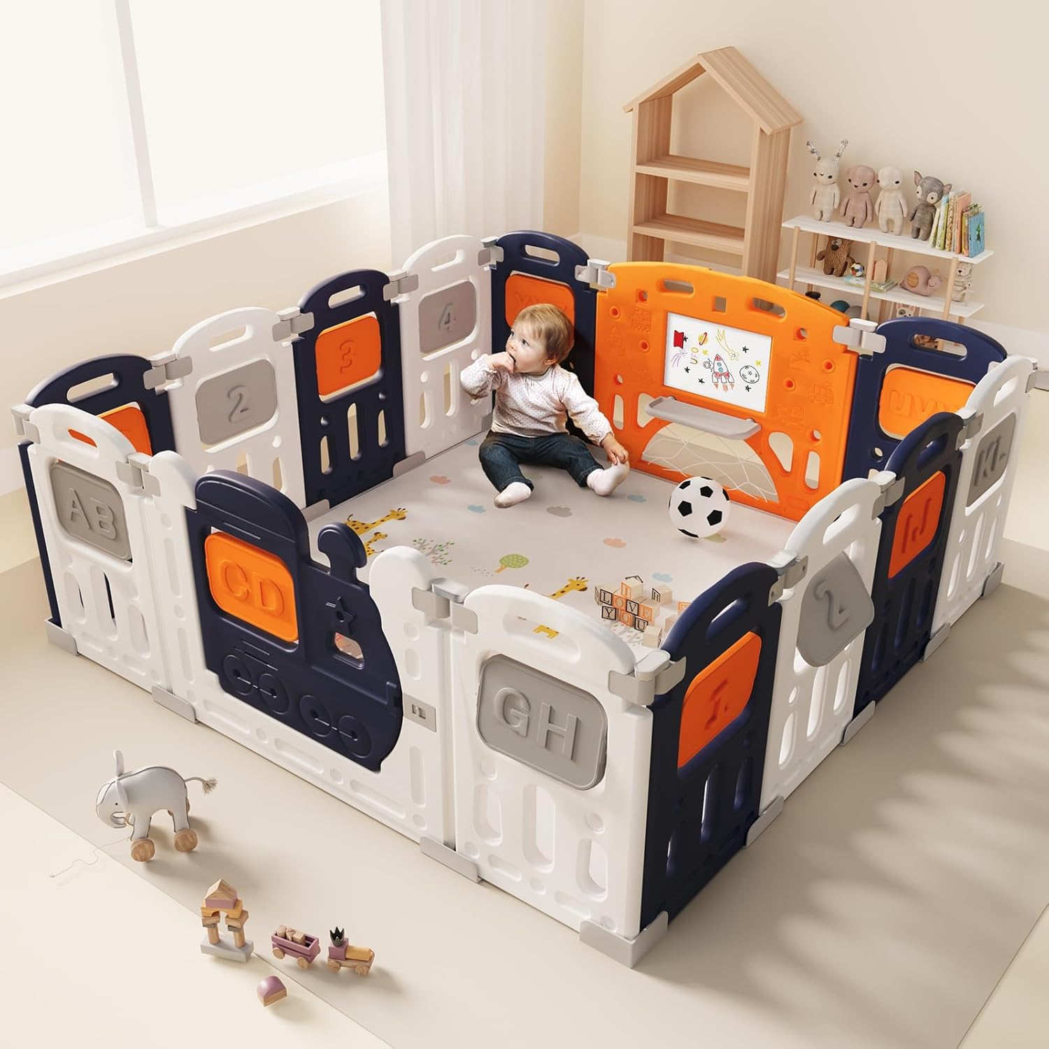 Dawnwake Assembly-Free 14 Panel Playard, Baby Playpen Fence with Crawling Mat and Football for Baby Upto 8 Years with Safety Locking Door & Drawing Board (150x150cm, Foldable) -Blue