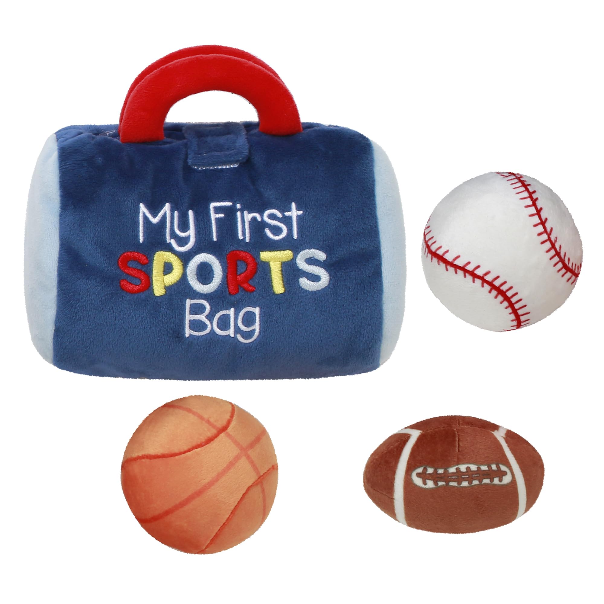 4 Piece Plush My First Sport Bag Gift Set with Sensory Toy Balls for Baby, Blue All Sports, 6 inch, Basketball, Baseball, Football