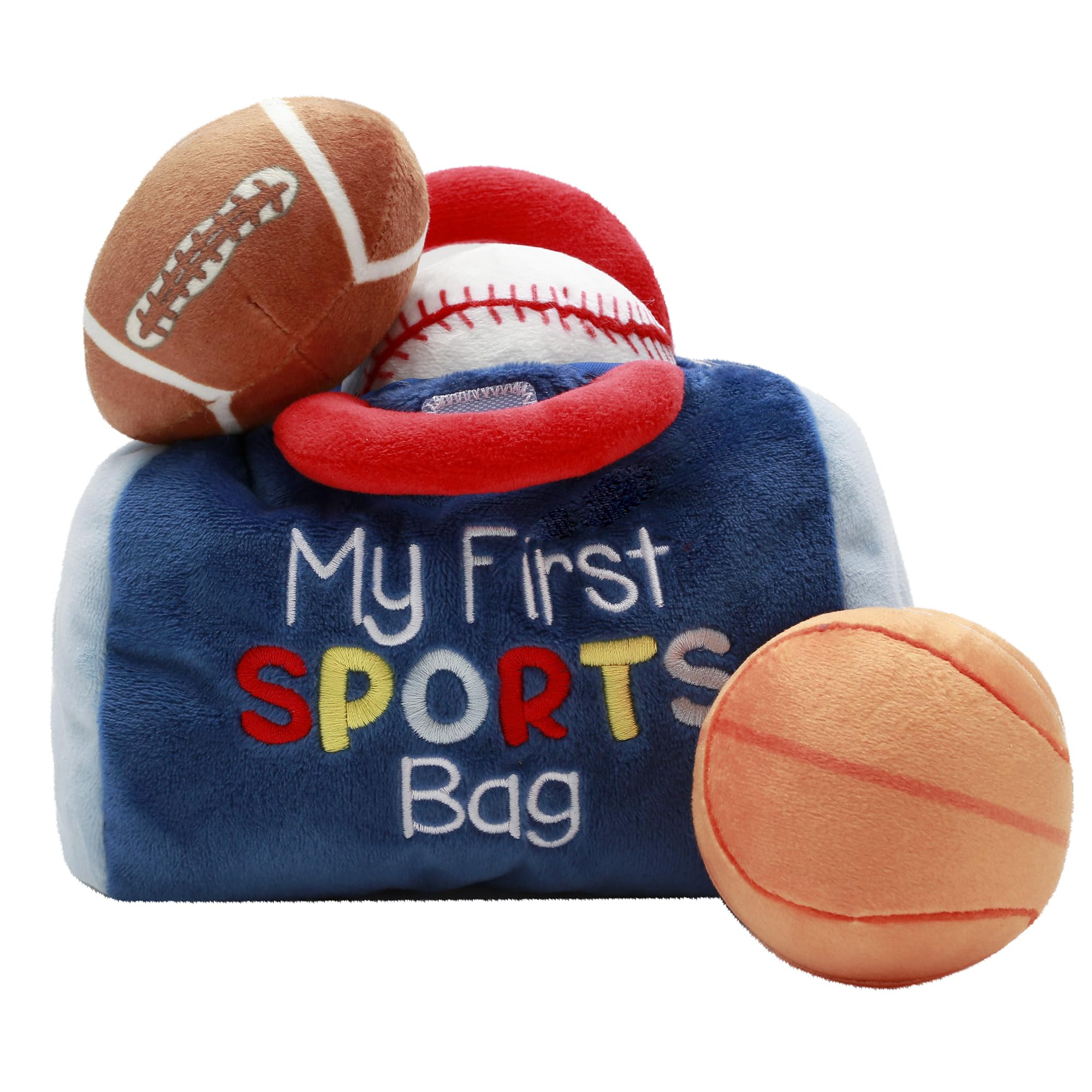 4 Piece Plush My First Sport Bag Gift Set with Sensory Toy Balls for Baby, Blue All Sports, 6 inch, Basketball, Baseball, Football