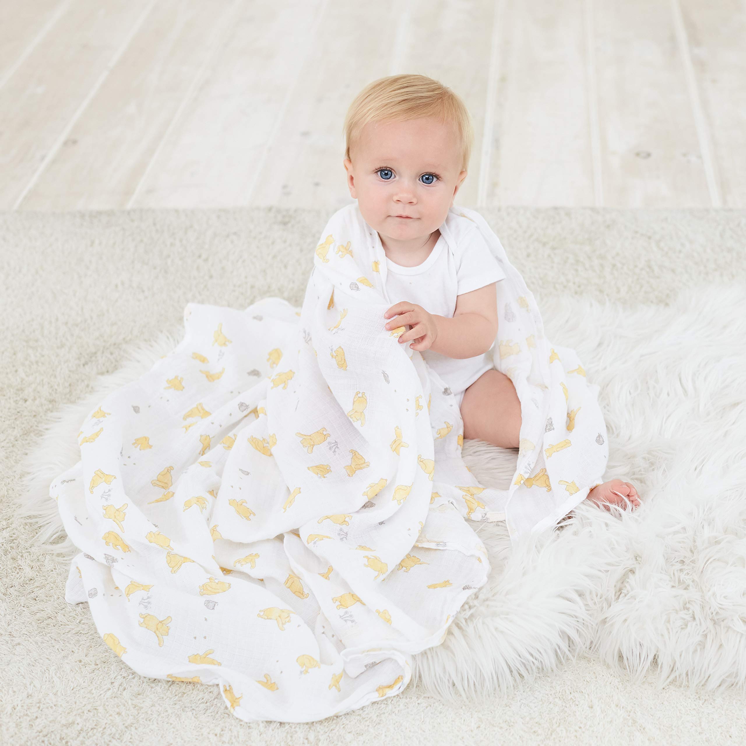 aden + anais Disney Swaddle Blanket | Boutique Muslin Blankets for Girls & Boys | Baby Receiving Swaddles | Ideal Newborn & Infant Swaddling Set | Perfect Shower Gifts, 4 Pack, Winnie The Pooh