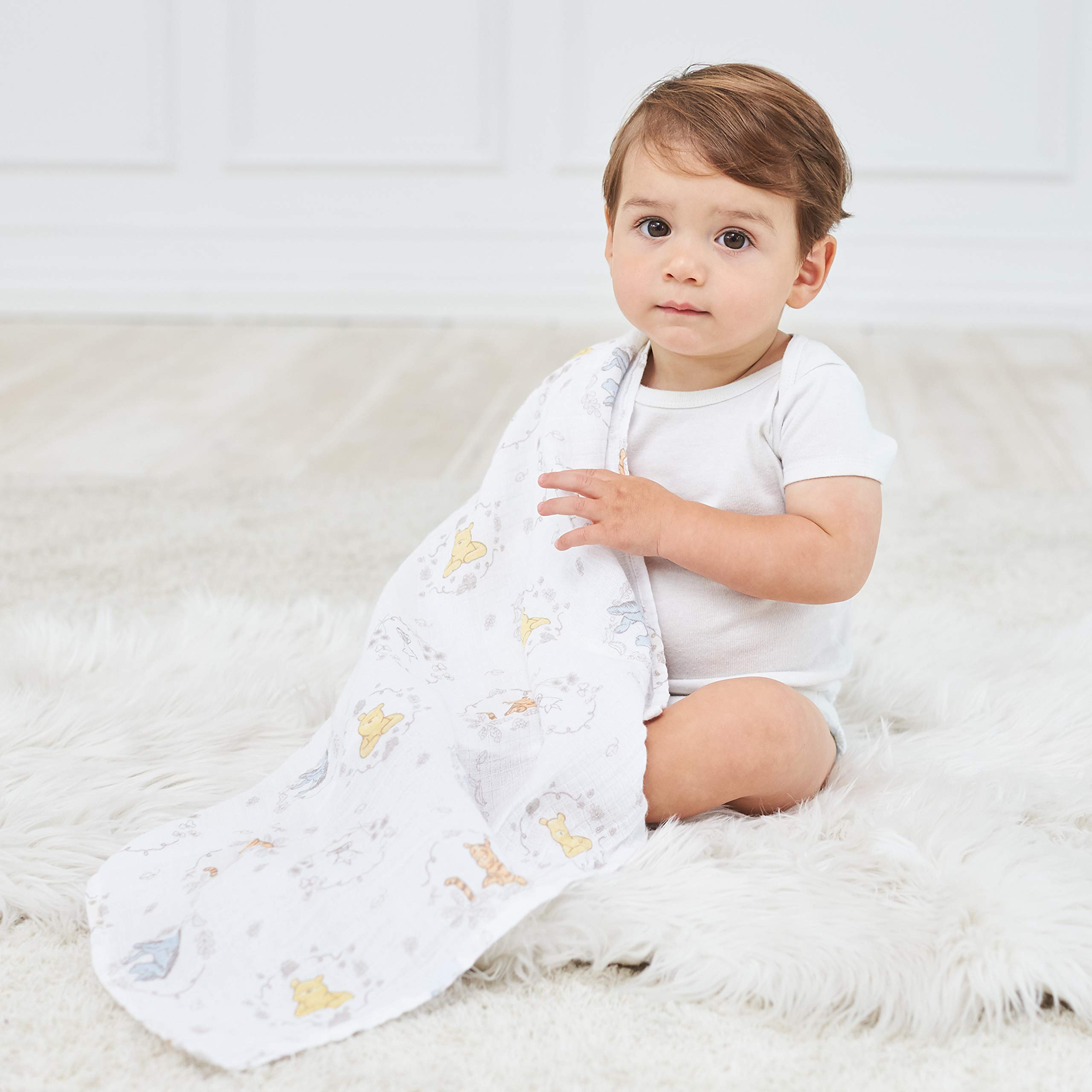 aden + anais Disney Swaddle Blanket | Boutique Muslin Blankets for Girls & Boys | Baby Receiving Swaddles | Ideal Newborn & Infant Swaddling Set | Perfect Shower Gifts, 4 Pack, Winnie The Pooh