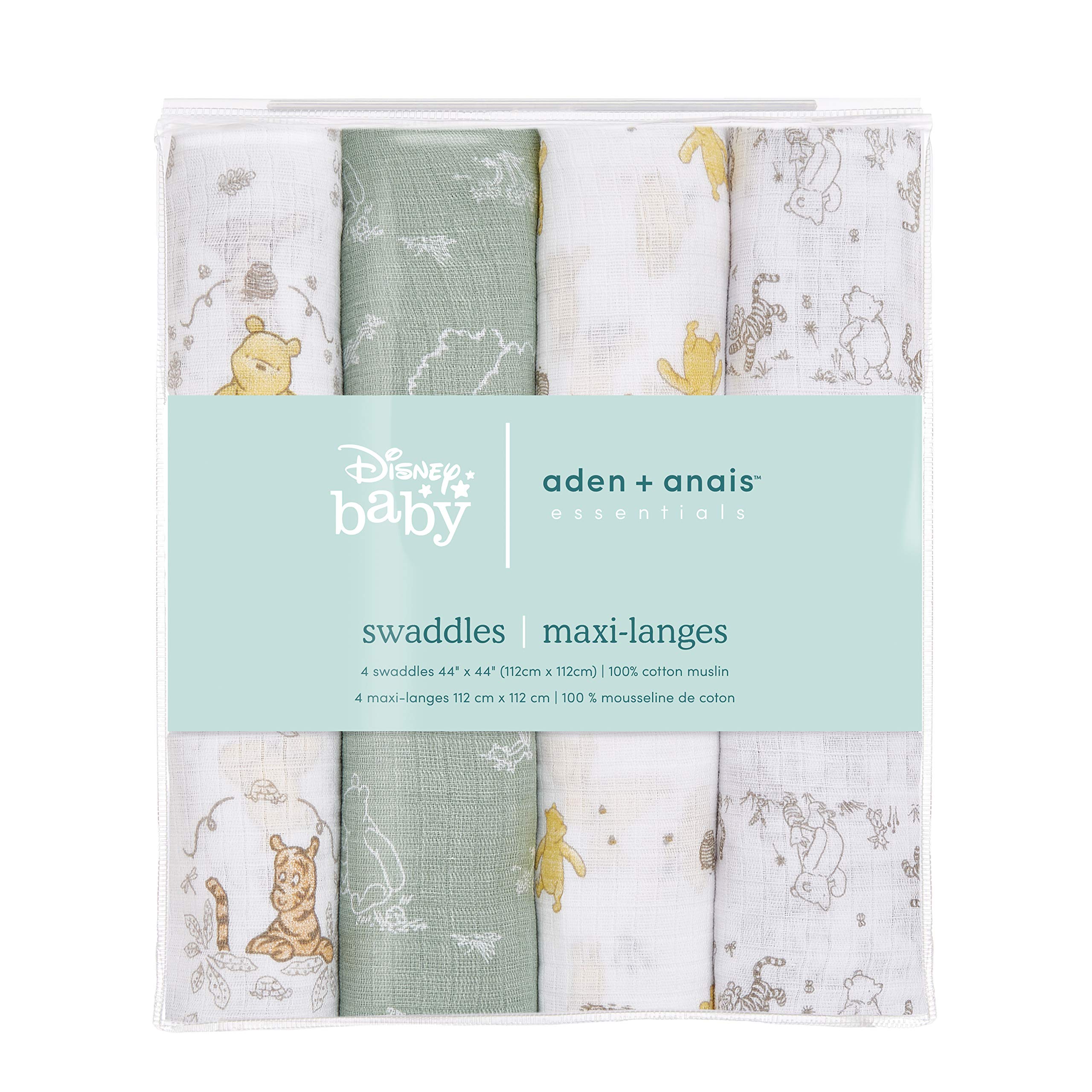 aden + anais Disney Swaddle Blanket | Boutique Muslin Blankets for Girls & Boys | Baby Receiving Swaddles | Ideal Newborn & Infant Swaddling Set | Perfect Shower Gifts, 4 Pack, Winnie The Pooh